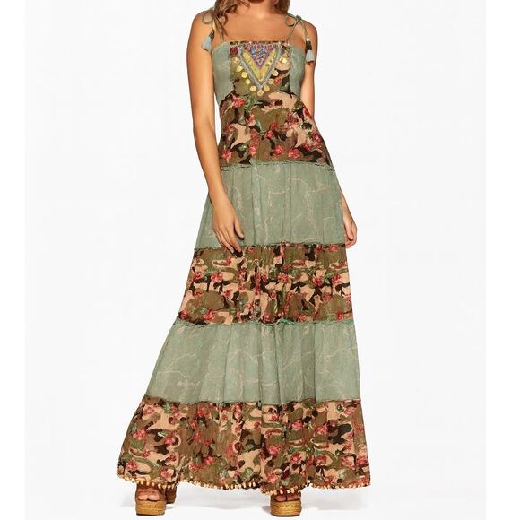 Boston Proper Nomad Camo Tassels Maxi Dress with Pom Poms Size XS - Picture 9 of 9